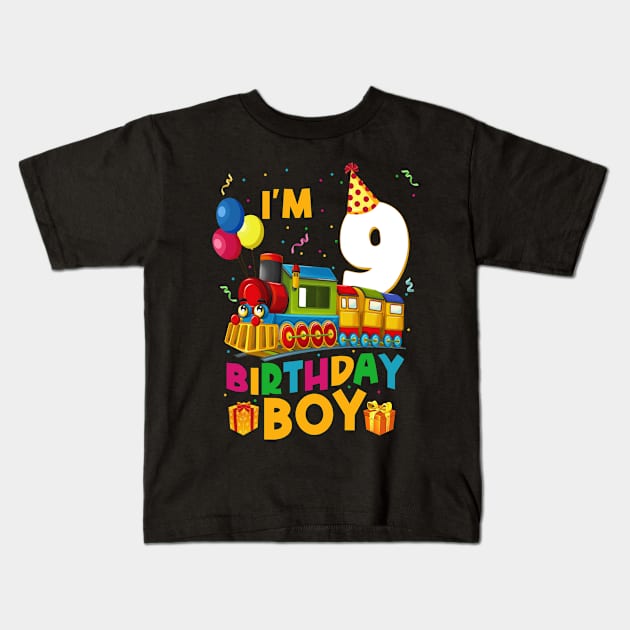 I'm 9 Birthday Boy 9th Bday Train Car Fire Truck Kids T-Shirt by Tn Ole